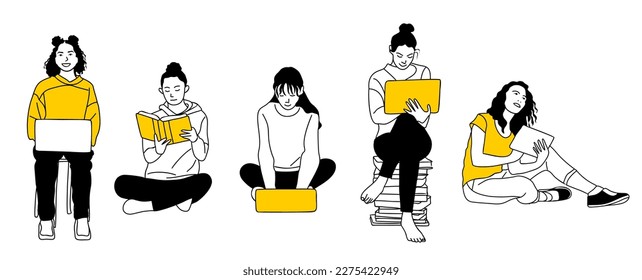 Linear vector illustration set of education girls.