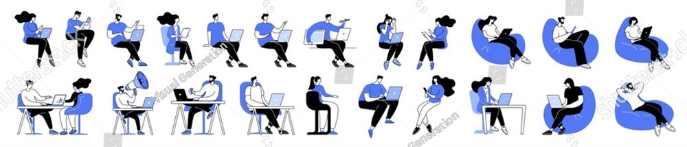 Linear vector illustration set of isolated people with computers at workplace virtual video conference call and meeting. Diverse men and women with laptops at remote work online business communication