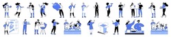 Linear Vector Illustration Set Of Isolated Characters. Cafe And Bar Clients, Chef In Restaurant Kitchen, Waiter Serving Drinks, Family Cooking Meal Recipes, Street Food Snack, Barbecue Grill