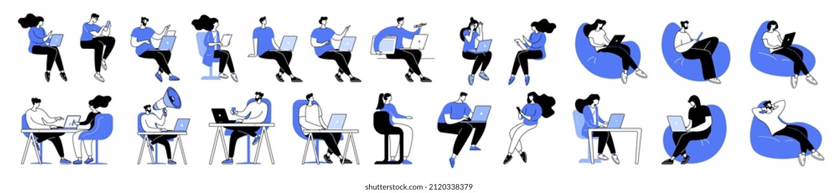 Conjunto de ilustraciones vectoriales lineales de personas aisladas con computadoras en el lugar de trabajo de videoconferencia virtual llamada y reunión. Diversos hombres y mujeres con laptops en el trabajo remoto en la comunicación de negocios en línea