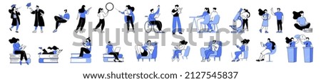 Linear vector illustration set of isolated students in learning process. Distance web learning, e-learning tools, school college activity, read a book, happy students with diploma, inclusive education