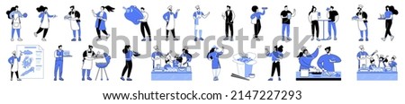 Linear vector illustration set of isolated characters. Cafe and bar clients, chef in restaurant kitchen, waiter serving drinks, family cooking meal recipes, street food snack, barbecue grill