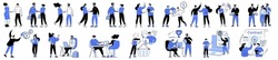 Linear Vector Illustration Set Of Negotiating Business People. Diverse Men And Women At Business Meetings, Conclude An Agreement, Agree On Cooperation, Negotiate, Shake Hands, Sell Goods And Services.