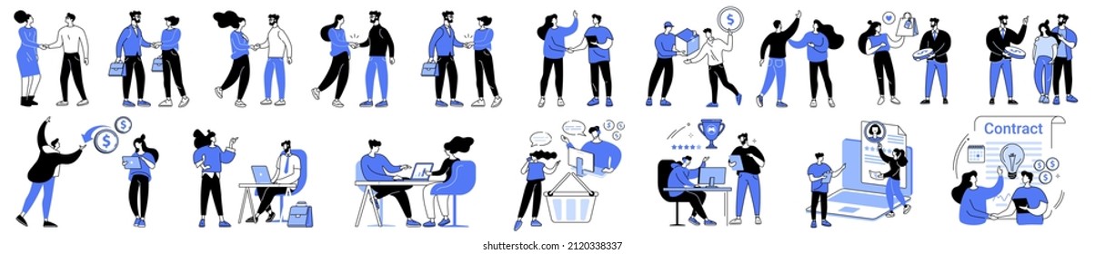 Linear vector illustration set of negotiating business people. Diverse men and women at business meetings, conclude an agreement, agree on cooperation, negotiate, shake hands, sell goods and services.