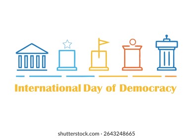 Ilustração vetorial linear mostrando a evolução da democracia, desde a antiga Ágora grega até a moderna cabine de votação. Inclui ícones e símbolos históricos. Design limpo e educacional sobre fundo branco.