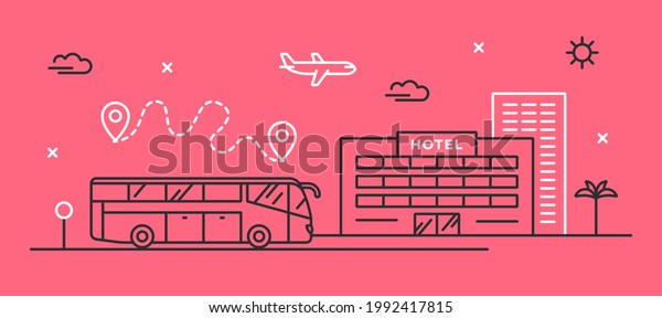 Linear vector illustration.\
Sightseeing bus near the hotel building. Concept for tourism\
business, transport service. Outline icons. Banner for the\
website.