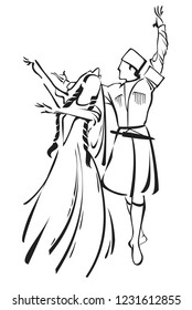 linear vector illustration of the silhouettes of a man and a woman dancing lezginka in Caucasian national costumes