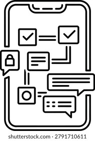 Linear vector illustration of a smartphone displaying various app interface elements including security, checklists, and data visualization.