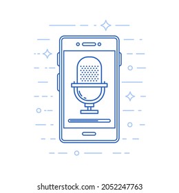 Linear vector illustration of studio microphone on smartphone screen. Audio podcast concept for online radio or mobile app. Editable stroke
