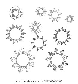 Linear vector illustration of suns. Magical outline clipart for logo, print, card, textil design. Alchemy, magic, esoteric, occult.