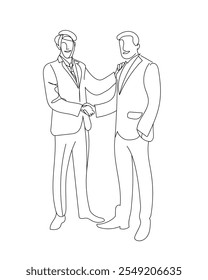 Linear vector illustration. Two men shake hands.Happy businessmen came to an agreement in the office. black and white doodle illustration on a white background.