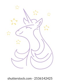Linear vector illustration of a unicorn head on a white background decorated with stars