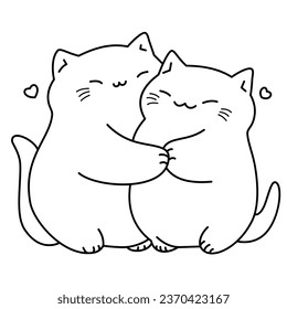 Linear vector illustration for valentine's day. Cute fat cats hugging, hearts around. Black and white illustration