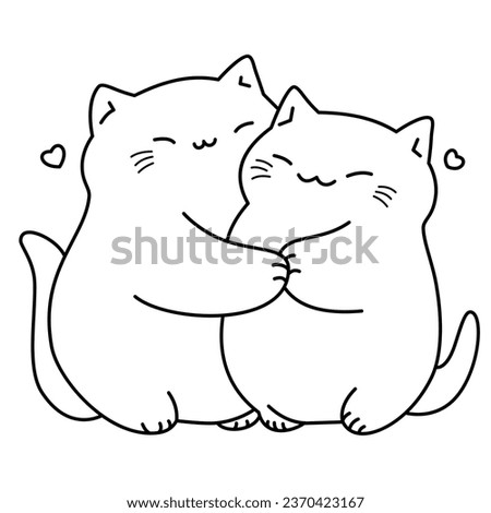 Linear vector illustration for valentine's day. Cute fat cats hugging, hearts around. Black and white illustration