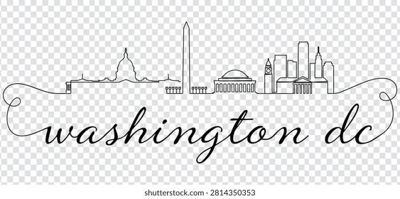 Linear vector illustration of Washington DC city skyline featuring iconic landmarks like the Capitol, Washington Monument, and Jefferson Memorial.