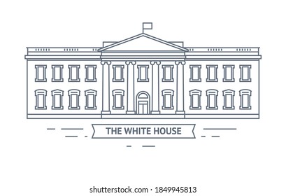 Linear vector illustration of The White House on white background. Government building landmark, Washington DC, USA. Editable stroke