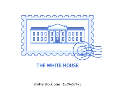 Ilustración lineal vectorial de la Casa Blanca sobre fondo blanco. Un sello postal con un punto de referencia en Washington DC. Trazo editable