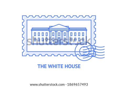 Linear vector illustration of The White House on white background. A postage stamp with Washington DC landmark. Editable stroke