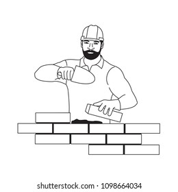 Linear Vector Illustration Of A Worker Erecting A Brick Wall, Muscular Man Building A House