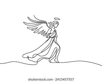 linear vector image of an angel with wings and a halo on a white background