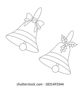 Linear vector image of Christmas bells. Bells with bow and holly leaves. Christmas symbols