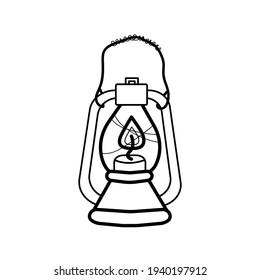 Linear vector image kerosene lamp for camping sketch printable black and white picture