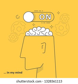 Linear Vector Image On A Yellow Background, The Head Of A Man And The Brain, The Switch And Gears