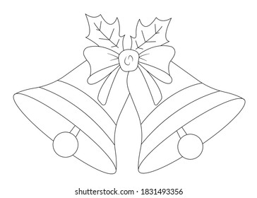 Linear vector image of two Christmas bells. Bells with bow and holly leaves. Christmas symbols