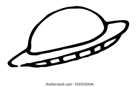 linear vector isolated element of a UFO flying saucer. the alien ship is hand-drawn in a doodle style, black outline on a white background for the space series design template