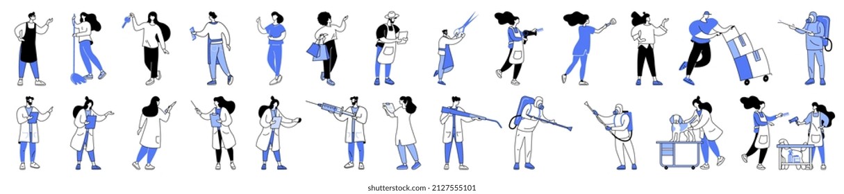 Linear vector isolated illustration bundle set of people working professionals. Service workers, doctors and veterinarians. Doctor makes injection, dog grooming, medical training, hairdresser stylist.