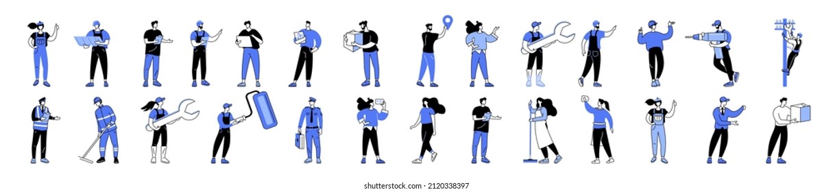 Linear vector isolated illustration set of people working in different industries, professional workers in their fields. Police officer, construction worker, road worker, electrician, office clerk.