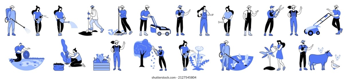 Linear vector isolated illustration set of agricultural working people tending garden. Weed control, dandelion removal, lawn mowing and repair service, growing and water vegetables, garden maintenance