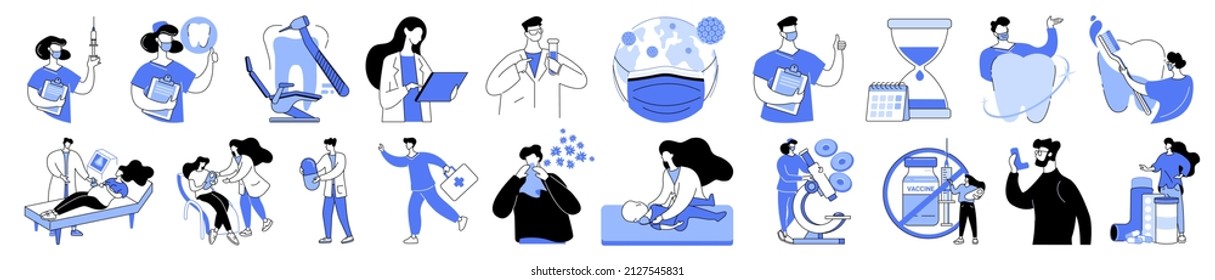 Linear vector isolated illustration set of people medical professionals doctors and nurses. Nurse puts vaccination, dental office, teeth cleaning, pregnancy and maternity, antivaxer, allergic person