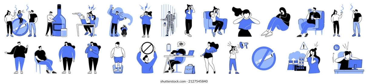 Linear vector isolated illustration set of stressed and addicted people. Alcoholism and smoking, drug and fast food addiction, physical abuse, obesity men women, stress, imprisonment and harassment.