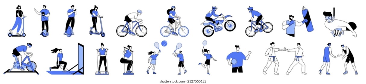 Linear vector isolated illustration set of sport and leisure people. Cycling experiences, Adventure sport motorsport, outdoor recreational activity badminton, Boxing, Snorkeling swimming, Martial Arts