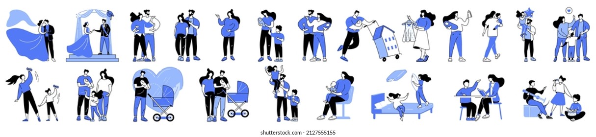 Lineare Vektorgrafik-einzelne Zeichensatz von Familien-Lifestyle-Aktivität flache Zeichen. Vaterschaftsurlaub in der Familie, glückliche Familie, kümmern sich um das Baby, Mutter und Neugeborene, Vater mit Sohn.
