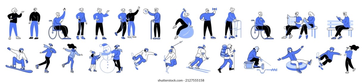 Linear vector isolated illustration set of Retirees people and winter activities. Activities for elderly people, older generation, elder fitness. Winter outdoor fun, ice fishing, skiing and skating.