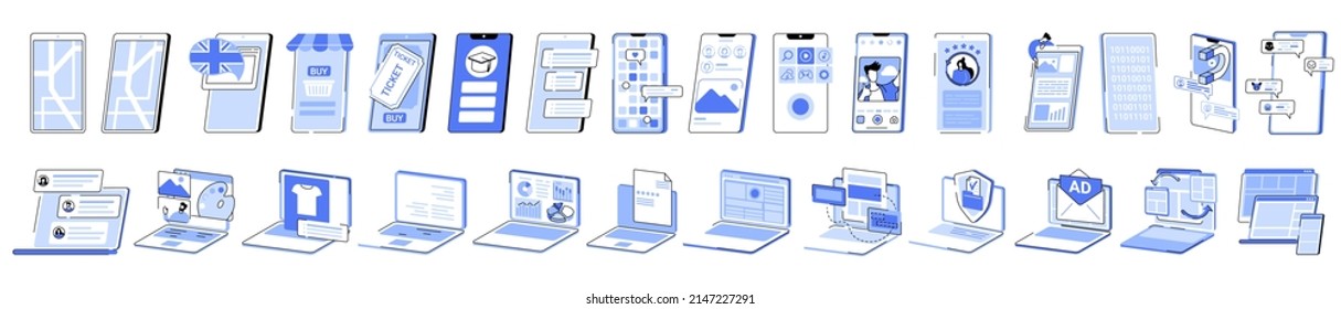 Linear vector isolated illustration set of electronic devices. Online shopping and booking applications, social media messages, media content, touch screen, tablet and laptop file synchronization.
