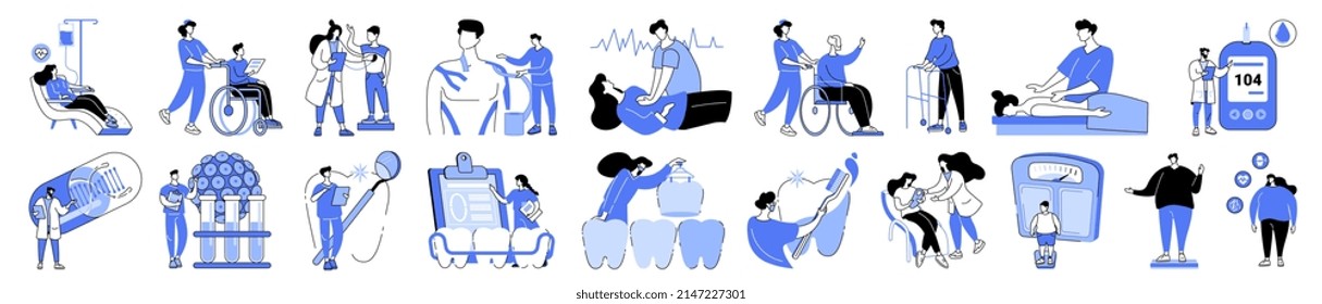 Linear vector isolated illustration set of medical services. Patients in hospital, dental help, overweight problem, laboratory health check up, blood sugar testing, rehabilitation, nursery home.