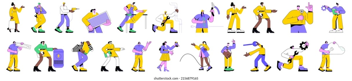 Linear vector isolated illustration set of people working in different industries, professional workers in their fields. Construction worker, plumber and electrician, office clerk and blogger.