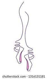 Linear vector logo for a ballet studio. Illustration of female legs in ballet shoes, pointe on ribbons.