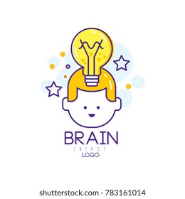 Linear vector logo design with child head, light bulb and stars. Kids education. Concept of thinking and creative idea. Brain energy symbol. Generation of knowledge. Children early development