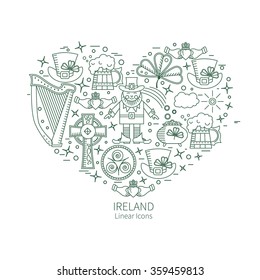 Linear vector logo and design elements heart shape - fashion icons in a linear style Ireland, shamrock, harp, pot, leprechaun. Suitable for advertising leaflets and other printed materials.