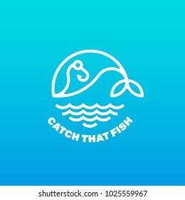 Linear vector logo fish on the hook. Logotype of whale in the sea. Fishing concept