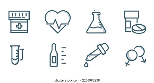 Linear Vector Medicine And Health Care Icon Set. Pills, Heart Palpilation, Temperature And Chemotherapy Concept Icons Design. Treatment And Medical Theme Set.