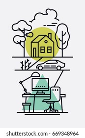 Linear vector minimalistic illustration on home and work. Everyday life concept layout with primitive flat line elements featuring house, trees, car and office workplace desk