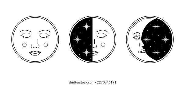 Linear vector Moon phases and faces. Isolated night sky and Crescent astrological elements