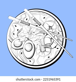 Vector lineal de fideos con huevos hervidos, gambas, tomates, verduras y semillas. Palos en una placa