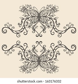 Linear vector ornament with the butterfly and flowers