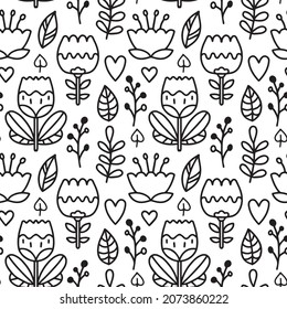 Linear vector pattern with decorative flowers and leaves. Black and white seamless illustration of decorative botany in cartoon style